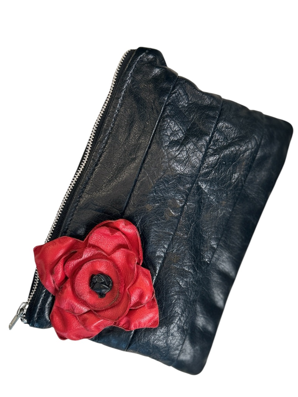 Black Leather Clutch with Red Flower Appliqué Accent